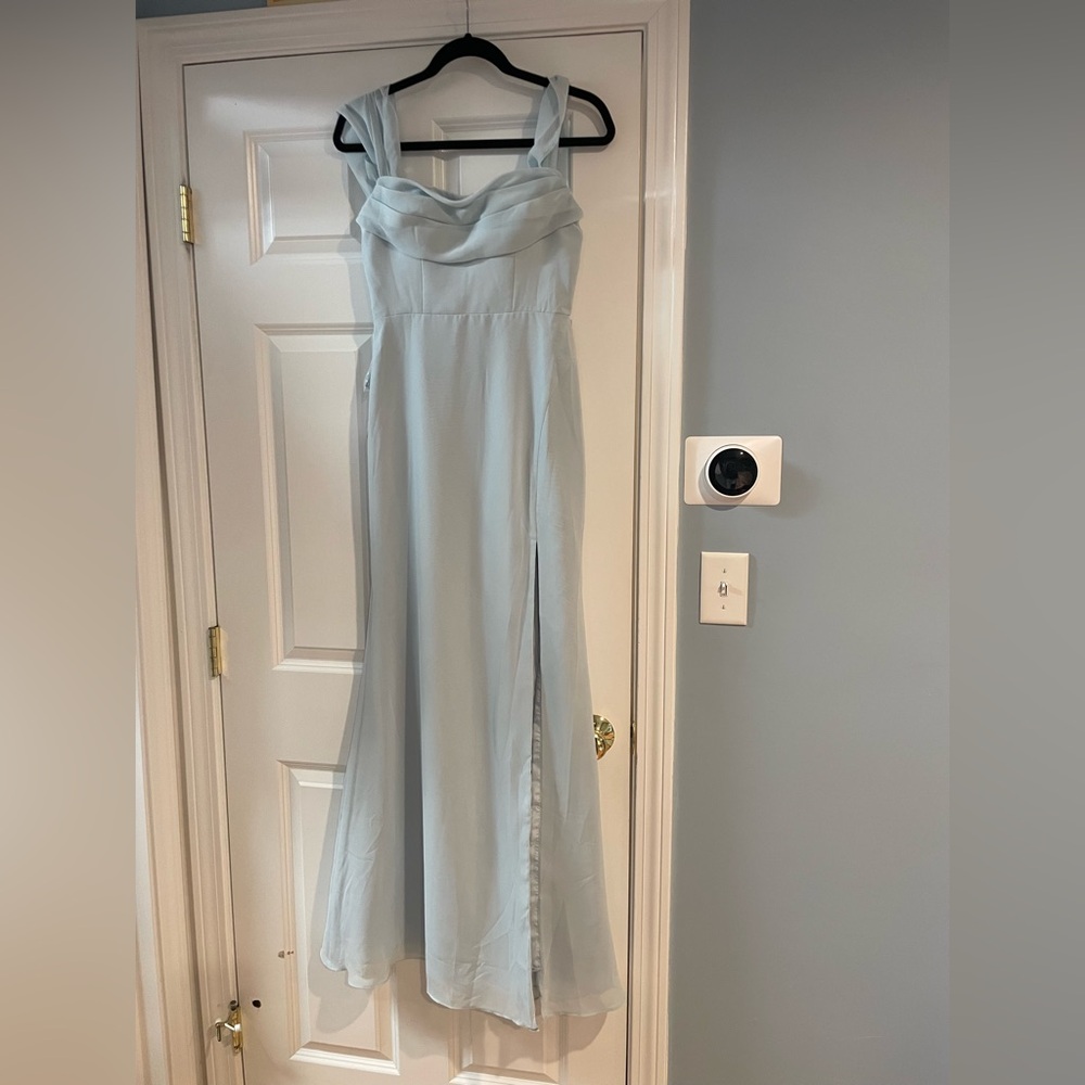 NWT Azazie Saige Mist color A line off the shoulder convertible dress